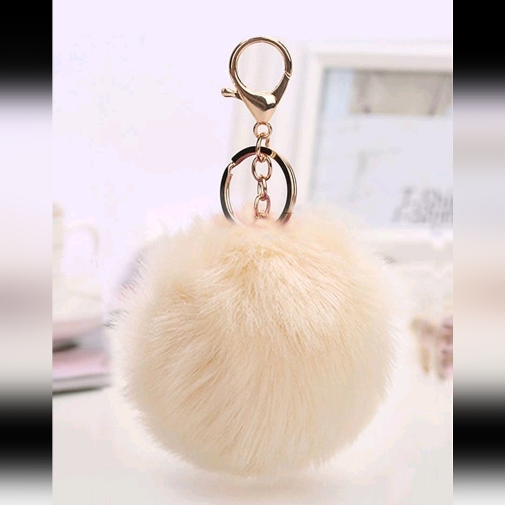 Gold Tone Faux Mink Cream White Fuzz Ball 2.5" Keyring Purse Charm